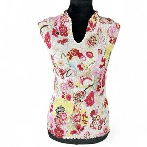 Belissimo New York Women’s Large Crinkle Floral Artsy Y2K Mandarin Collar Top